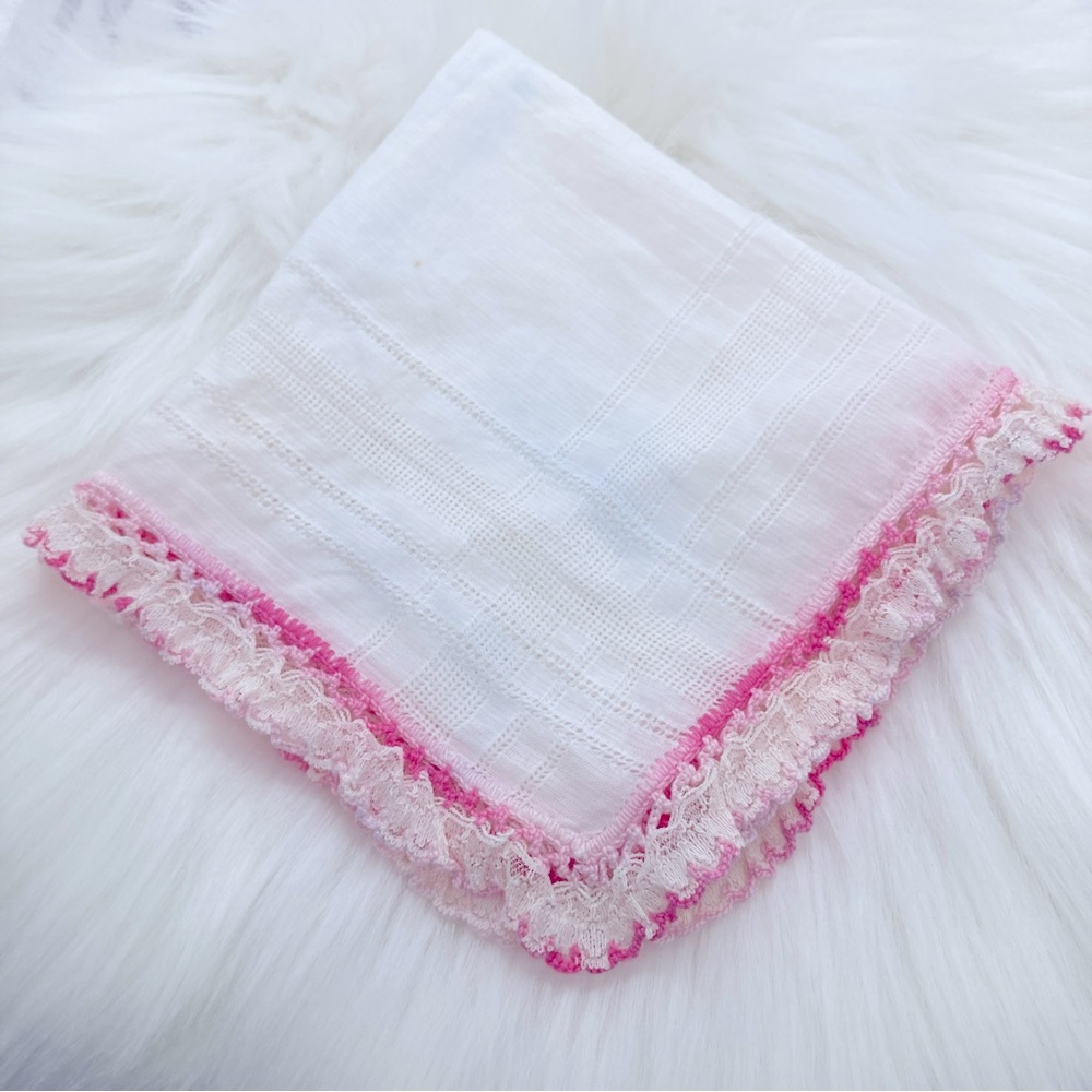 White Linen Vintage Hankie Hanky Variegated Crochet Trim~White & Pink